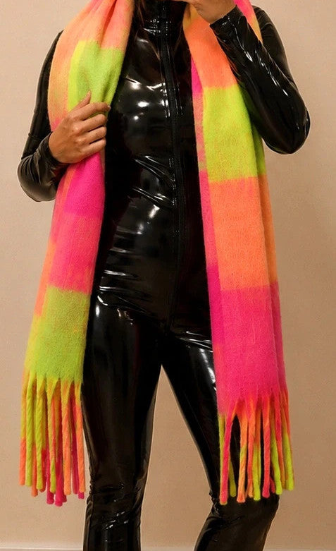 XXL multi-coloured scarf in neon pink, orange, green with fringe and check pattern.