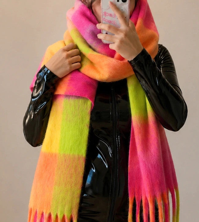 XXL multi-coloured scarf in neon pink, orange, green with fringe and check pattern.