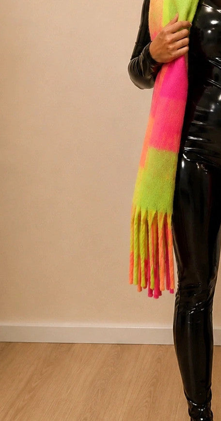 XXL multi-coloured scarf in neon pink, orange, green with fringe and check pattern.