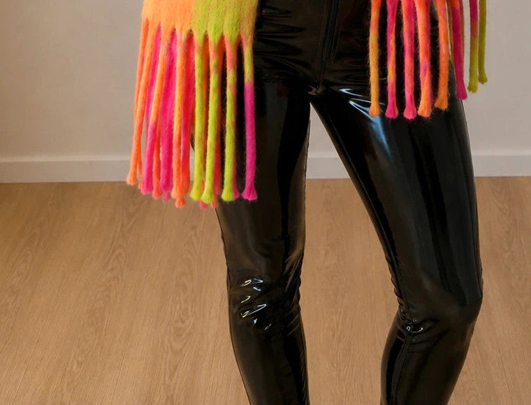 XXL multi-coloured scarf in neon pink, orange, green with fringe and check pattern.