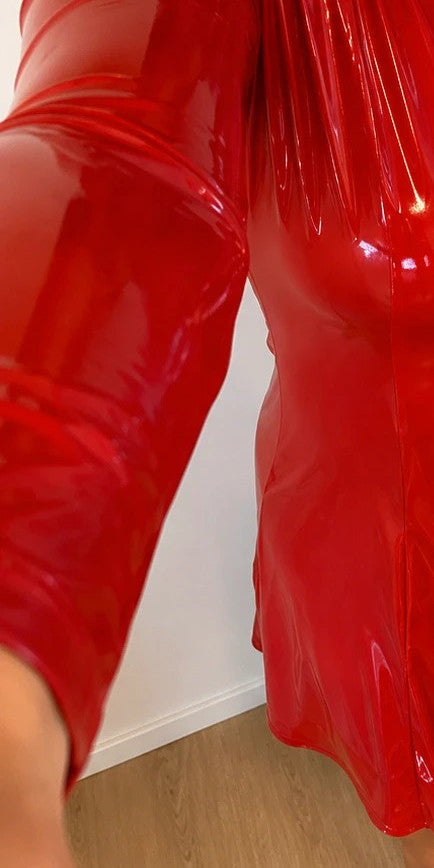 ALS red midi dress with glossy wetlook finish, high collar, and puff sleeves.
