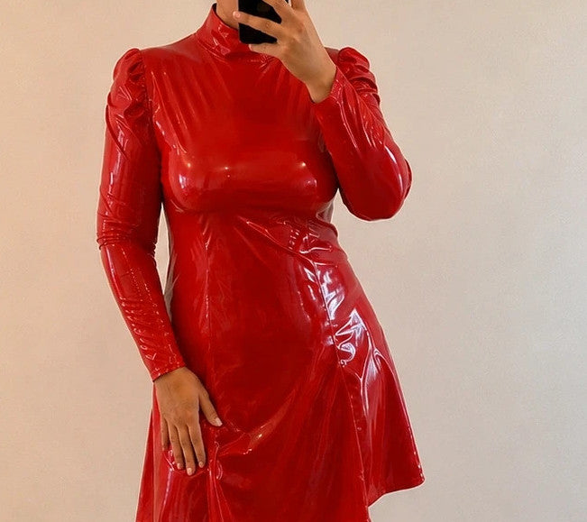ALS red midi dress with glossy wetlook finish, high collar, and puff sleeves.
