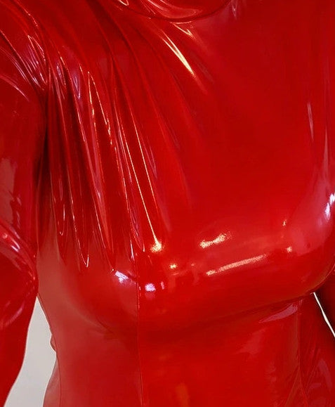 ALS red midi dress with glossy wetlook finish, high collar, and puff sleeves.
