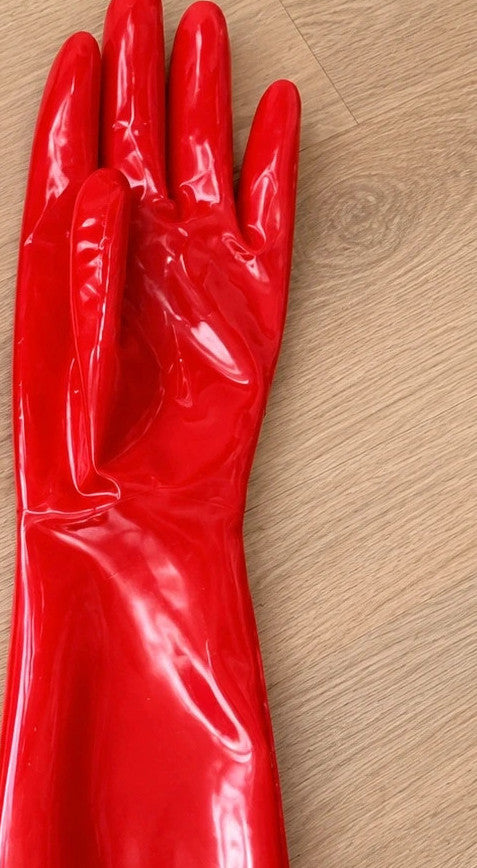 Herren red latex gloves long shiny finish elegant fit for unisex costumes