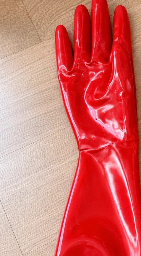 Herren red latex gloves long shiny finish elegant fit for unisex costumes