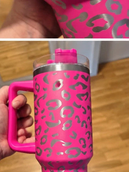 Thermoskanne pink tumbler with silver leopard print and handle, 1200 ml capacity.