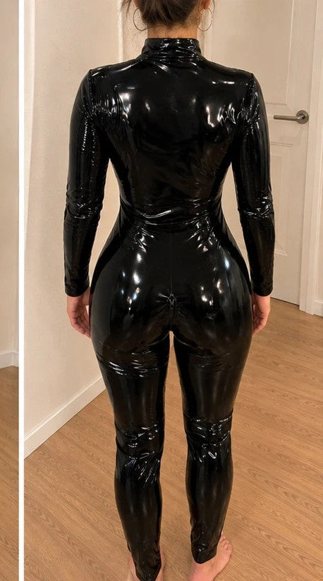 XXL black jumpsuit wetlook finish high collar zip closure long sleeves