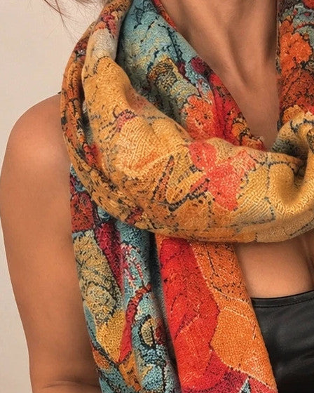 XXL multi-coloured scarf with floral jacquard pattern and fringed ends.