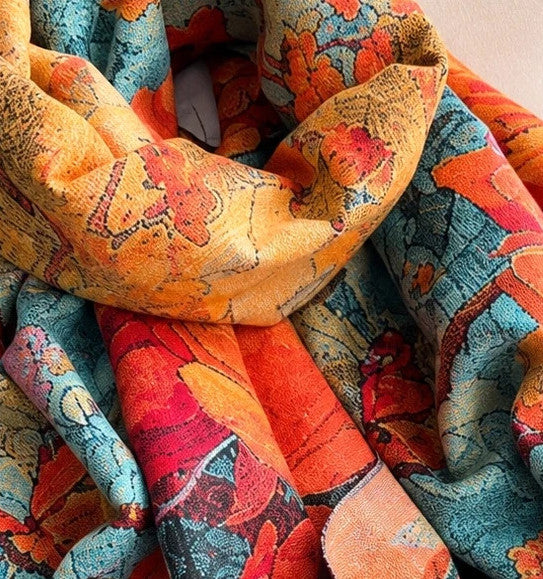 XXL multi-coloured scarf with floral jacquard pattern and fringed ends.
