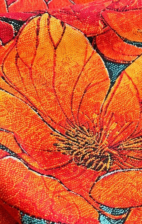 XXL multi-coloured scarf with floral jacquard pattern and fringed ends.