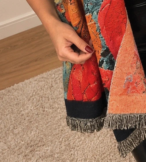 XXL multi-coloured scarf with floral jacquard pattern and fringed ends.