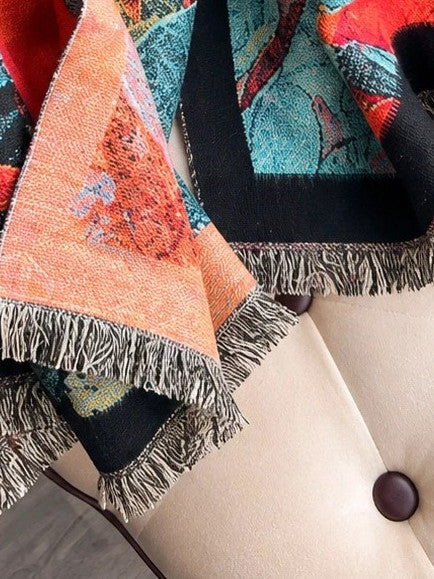 XXL multi-coloured scarf with floral jacquard pattern and fringed ends.