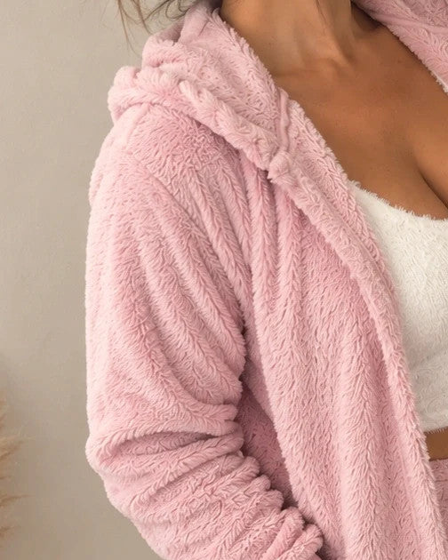 ALS cream and pink teddy co-ord set, fluffy hooded jacket, crop top, and shorts.