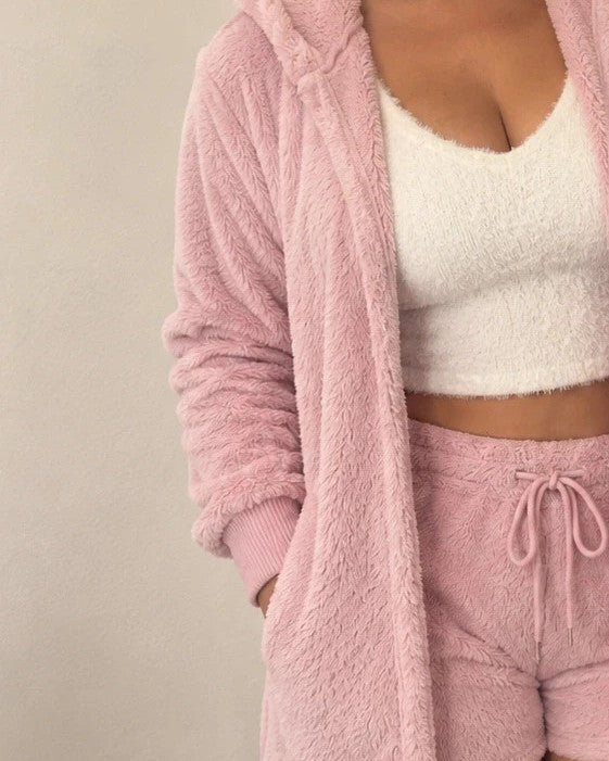 ALS cream and pink teddy co-ord set, fluffy hooded jacket, crop top, and shorts.