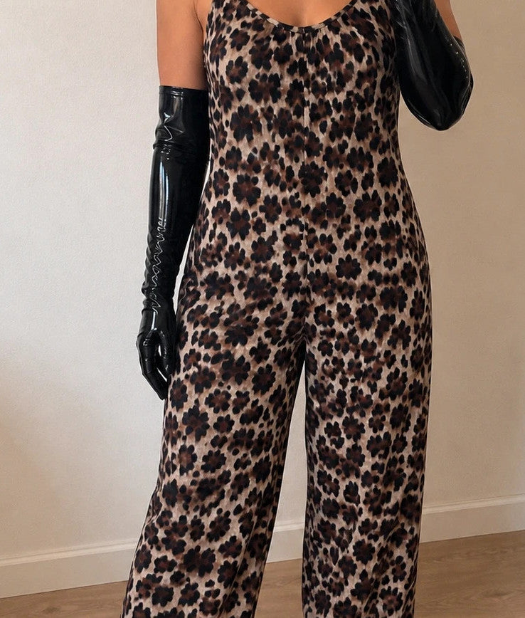 SheIn beige and brown leopard print jumpsuit with thin straps and wide legs.