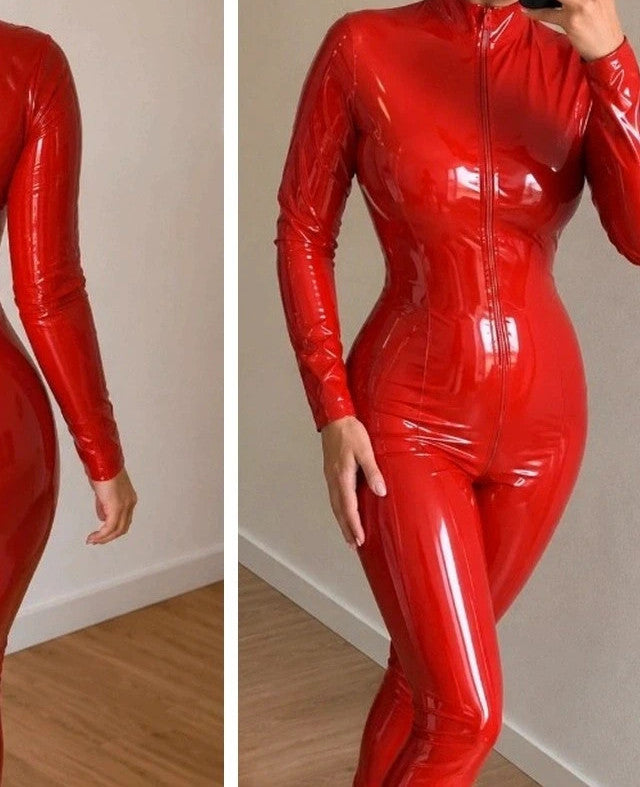REI red jumpsuit high-gloss wet look with full-length zipper and fitted design