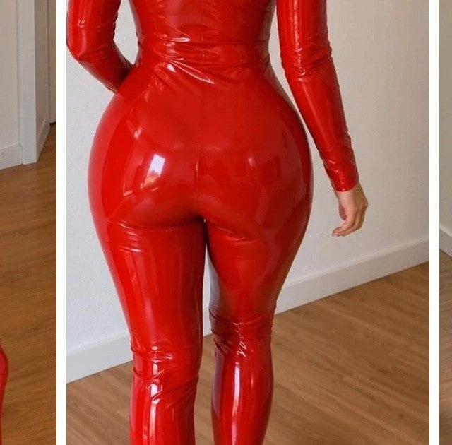 REI red jumpsuit high-gloss wet look with full-length zipper and fitted design