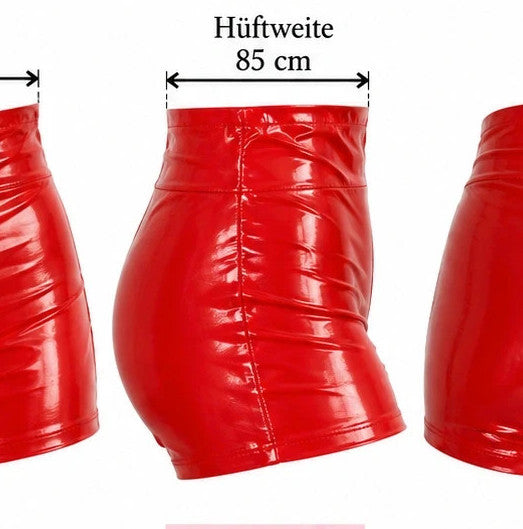 hotpants red high-waist shorts glossy wetlook finish figure-hugging design