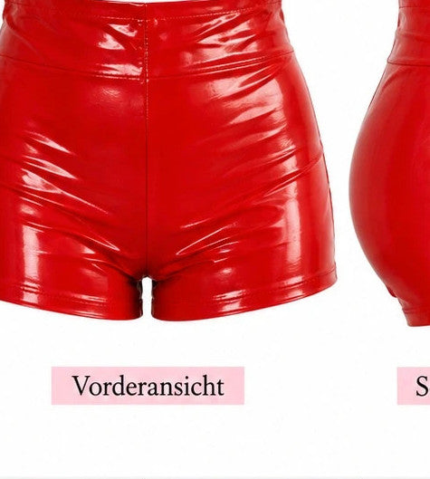 hotpants red high-waist shorts glossy wetlook finish figure-hugging design