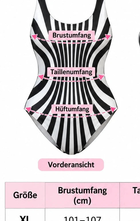 Muster one-piece swimsuit black and white with bold striped pattern and deep back cut.