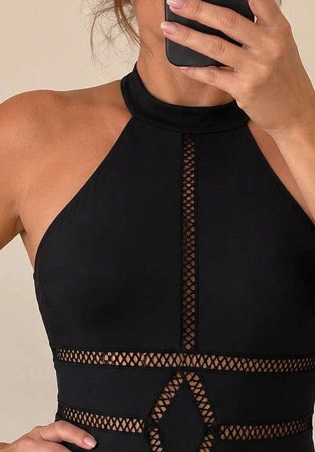 SheIn black one-piece swimsuit with cut-out details and neck tie, size XXL.