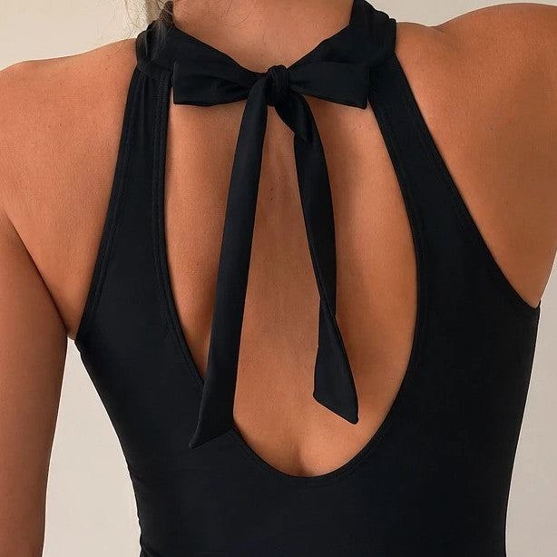 SheIn black one-piece swimsuit with cut-out details and neck tie, size XXL.
