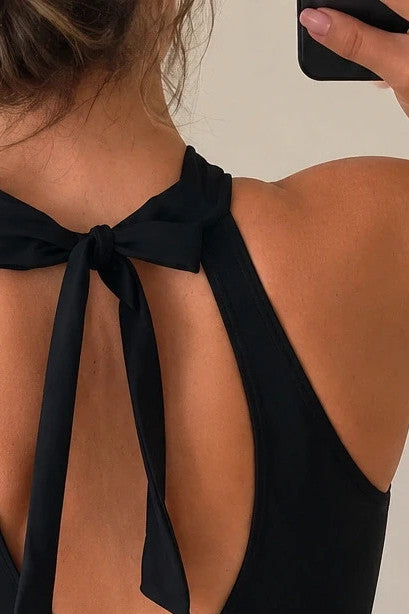 SheIn black one-piece swimsuit with cut-out details and neck tie, size XXL.