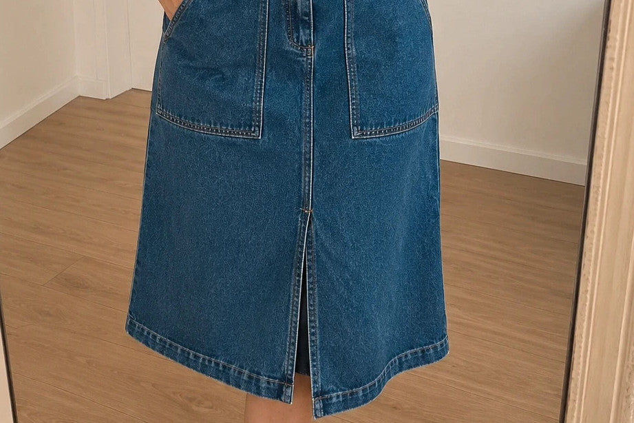 JDY blue denim midi skirt with classic look, versatile for casual or chic outfits.