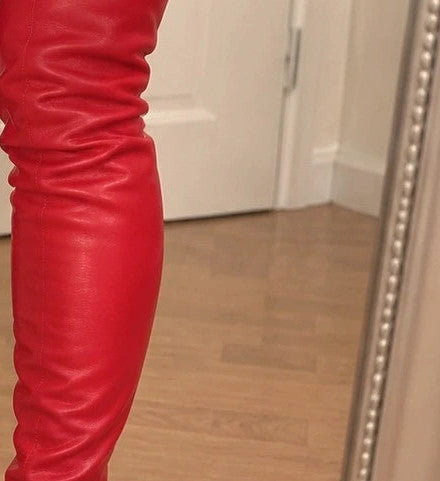 GEF red overknee high heel boots with synthetic material and back zipper detail.