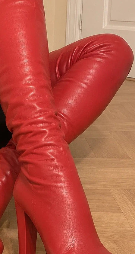 GEF red overknee high heel boots with synthetic material and back zipper detail.