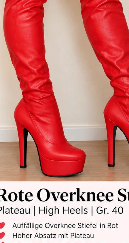 GEF red overknee high heel boots with synthetic material and back zipper detail.