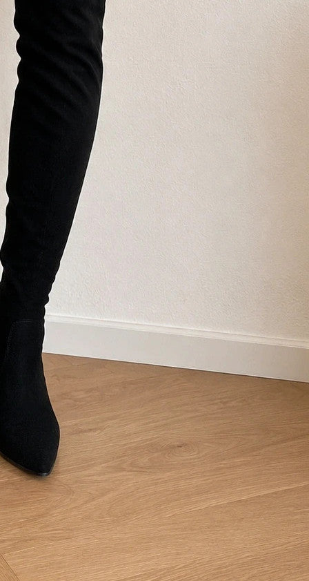 REI brown overknee slip-on boots in soft suede look with pointed toe and block heel.