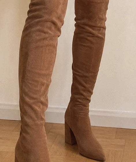 REI brown overknee boots synthetic suede block heel pointed toe design