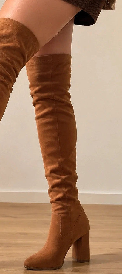 REI brown overknee boots synthetic suede block heel pointed toe design