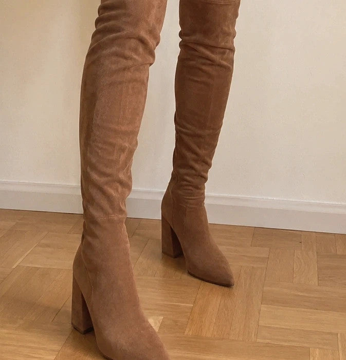 REI brown overknee boots synthetic suede block heel pointed toe design