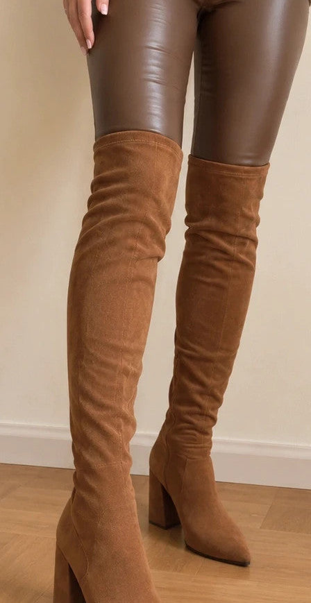 REI brown overknee boots synthetic suede block heel pointed toe design