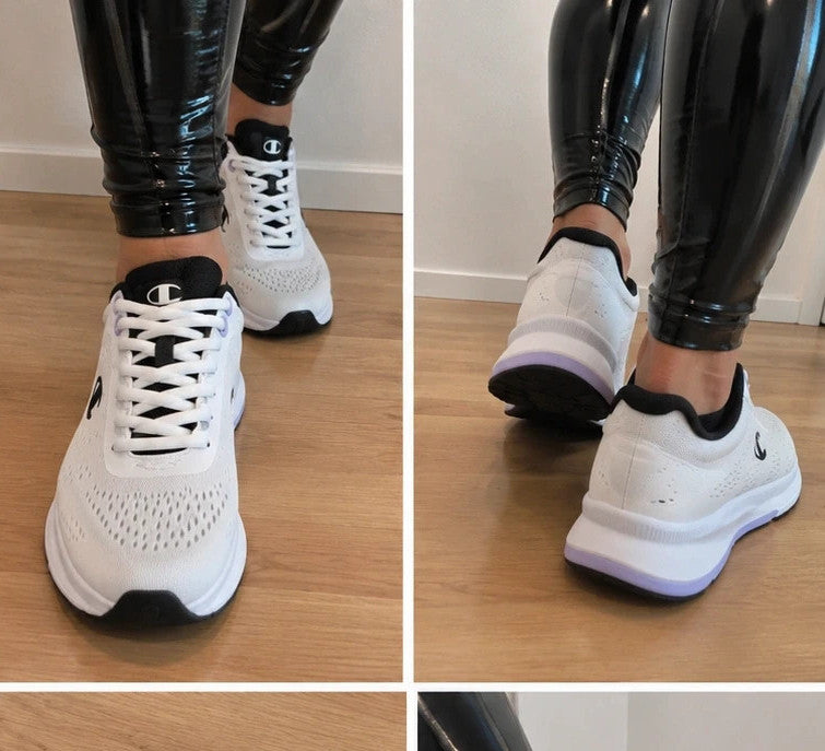 Champion white trainers with black and subtle lilac details, lightweight textile material.