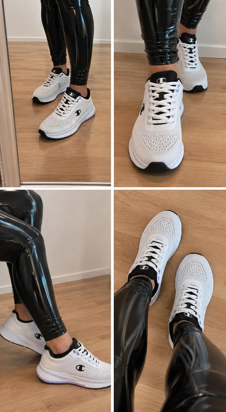 Champion white trainers with black and subtle lilac details, lightweight textile material.