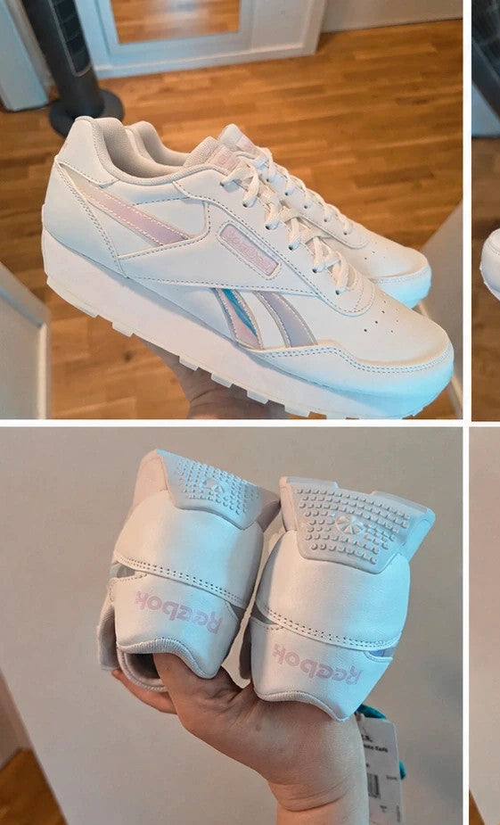 Reebok white trainers with iridescent accents and logo, synthetic material, size 36.