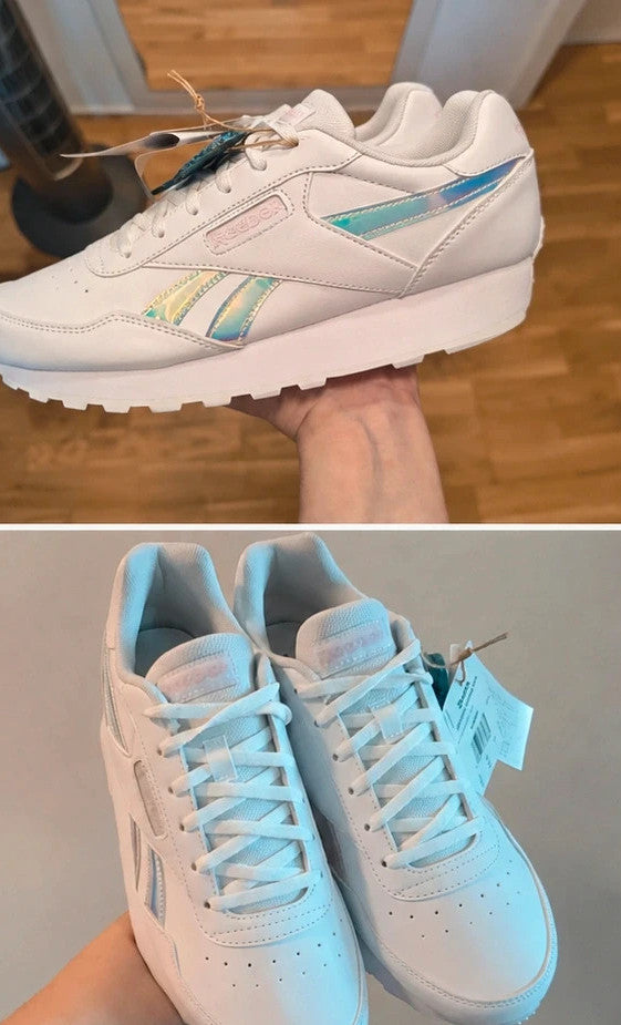 Reebok white trainers with iridescent accents and logo, synthetic material, size 36.