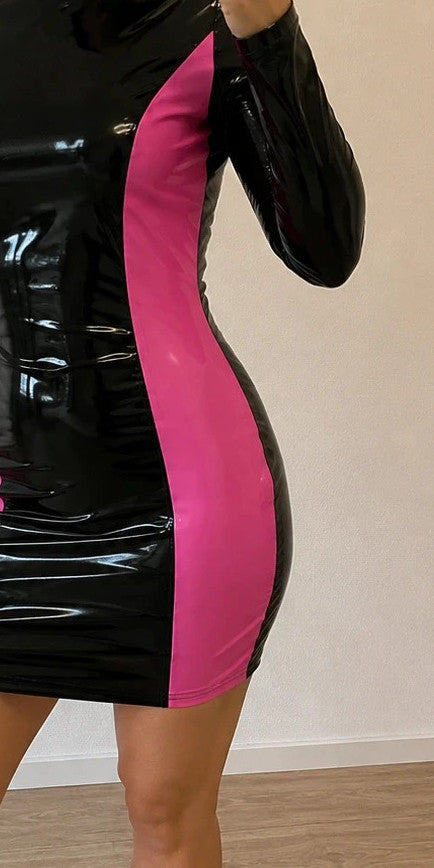 Silhouette black and pink bandage dress, glossy wetlook finish, long sleeves, high collar.