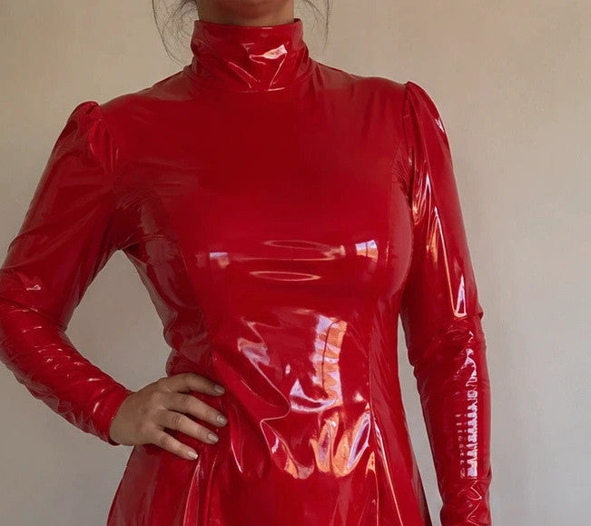 Red midi dress with high collar, long sleeves, and glossy wetlook finish.