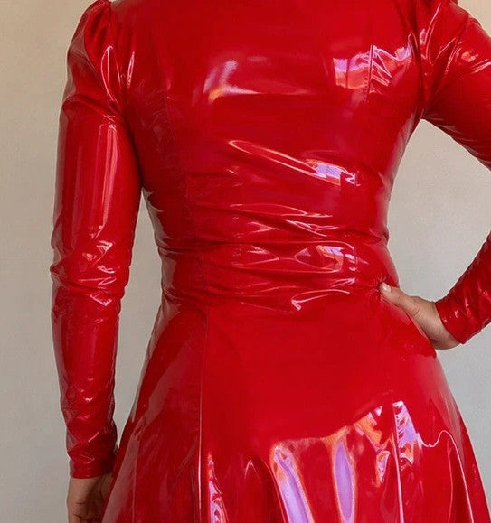 Red midi dress with high collar, long sleeves, and glossy wetlook finish.