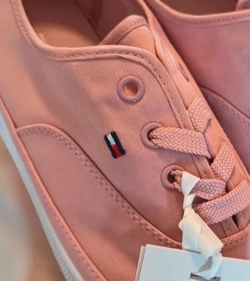 Tommy Hilfiger pink trainers synthetic material with logo detail and original box.