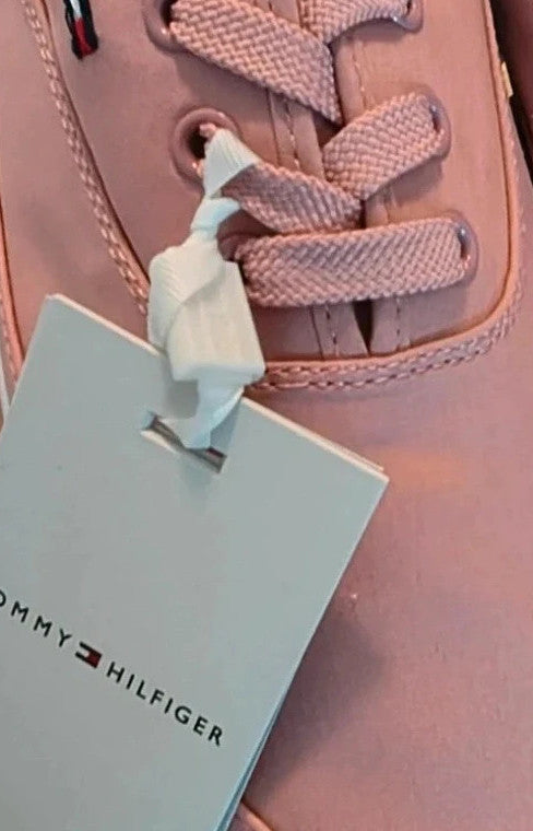 Tommy Hilfiger pink trainers synthetic material with logo detail and original box.