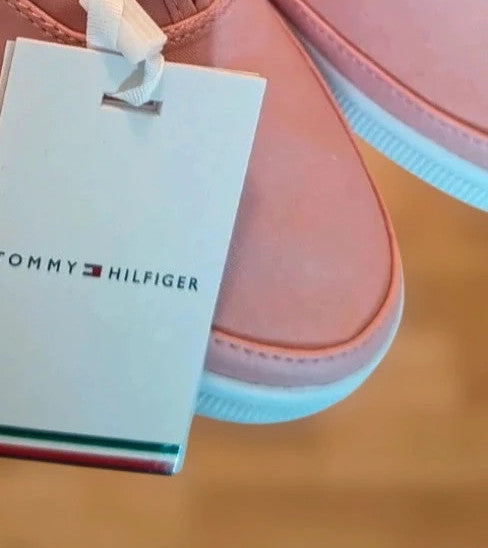 Tommy Hilfiger pink trainers synthetic material with logo detail and original box.