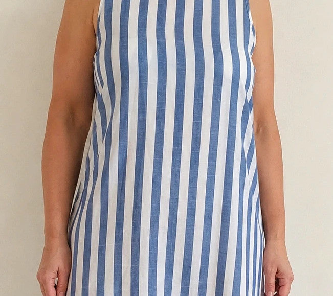 emery rose blue and white striped linen maxi dress, sleeveless, high-low hem, comfortable fit