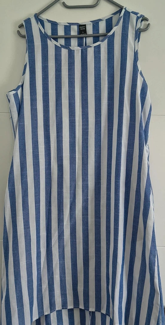 emery rose blue and white striped linen maxi dress, sleeveless, high-low hem, comfortable fit