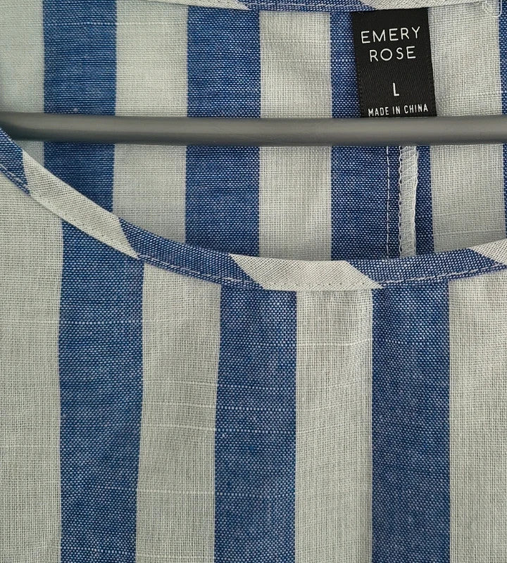 emery rose blue and white striped linen maxi dress, sleeveless, high-low hem, comfortable fit