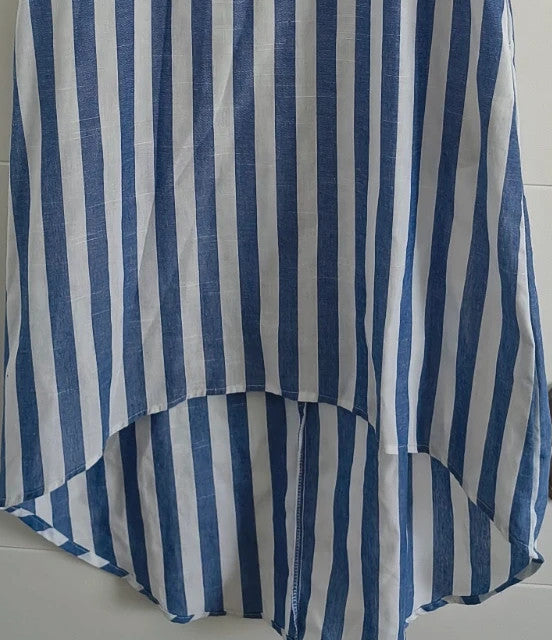 emery rose blue and white striped linen maxi dress, sleeveless, high-low hem, comfortable fit